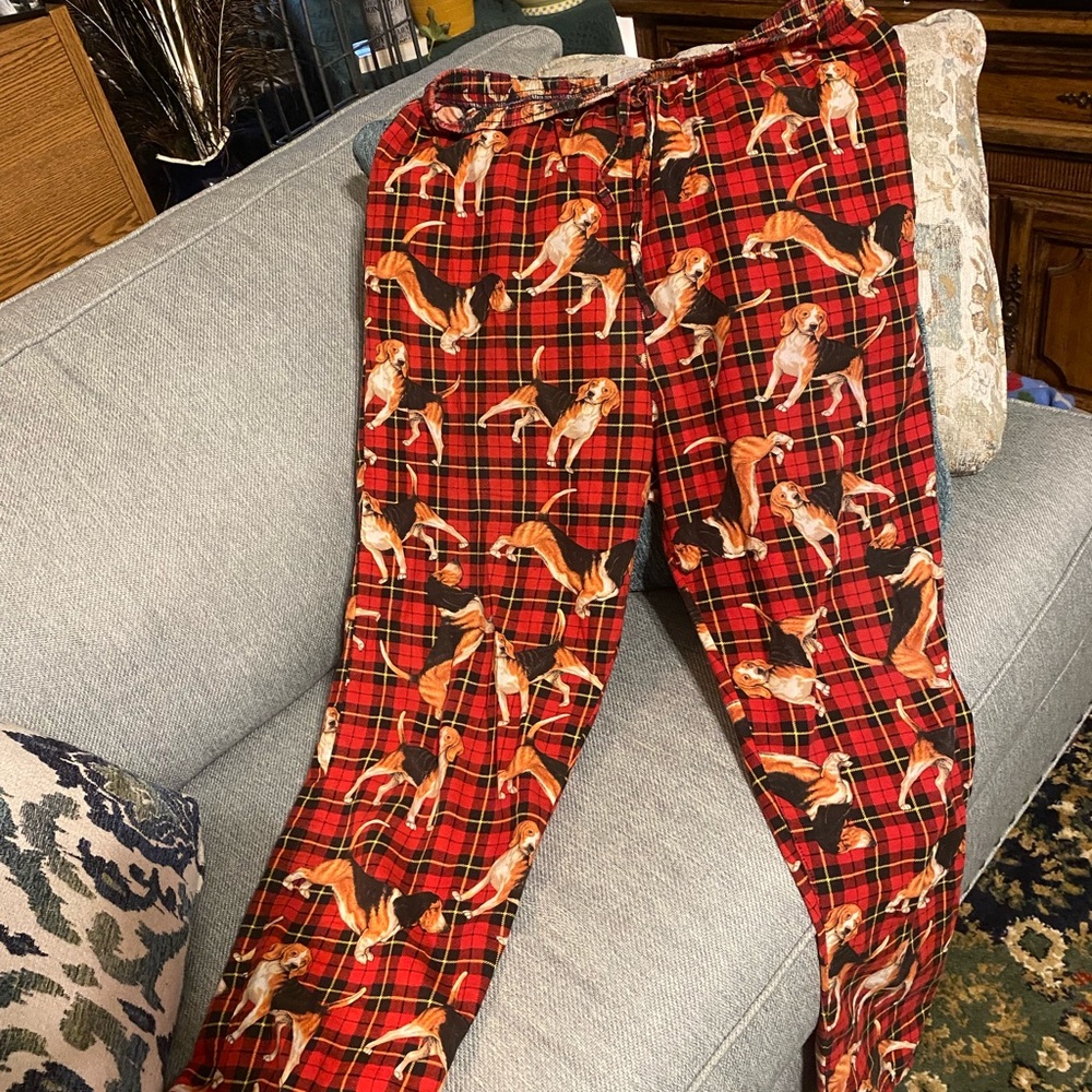 Red Plaid Beagle Dog Print Pajama Pants Size Medium